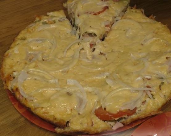 Пицца на сковороде с помидорами и колбасой