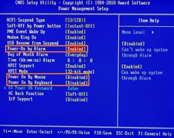 Выключение автовключения ПК по клавиатуре, таймеру и мыши в BIOS