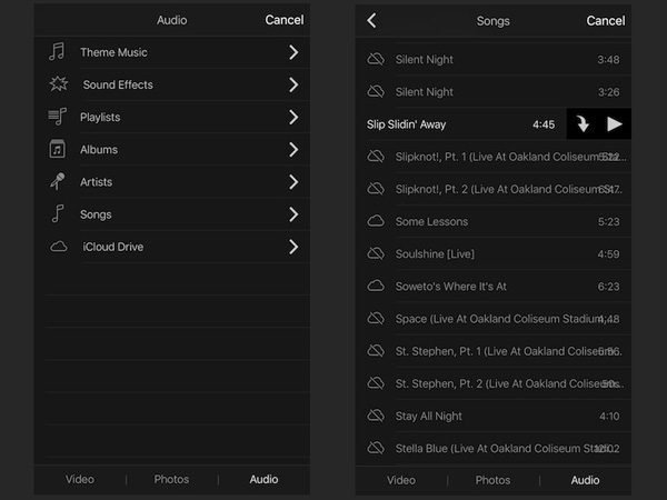 Категории в разделе Audio приложения iMovie