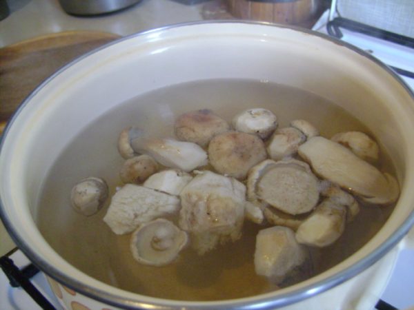 Кусочки белых грибов в кастрюле с водой