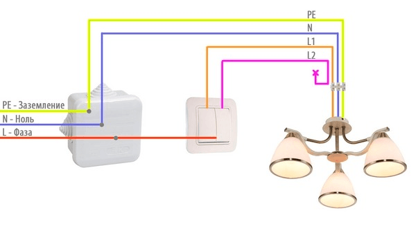 Схема подключения люстры с двумя проводами
