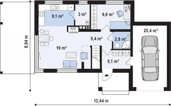 План первого этажа двухэтажного дома с гаражом