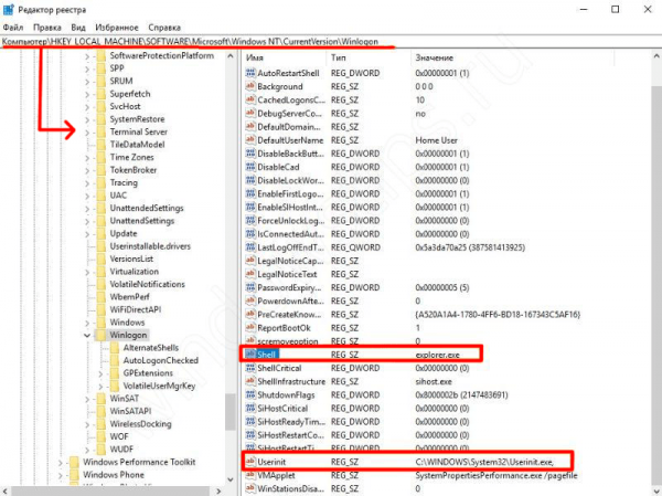 Раздел «Редактор реестра» в Windows 10