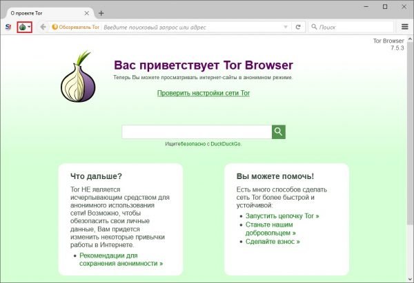 Окно Tor Browser: значок луковицы