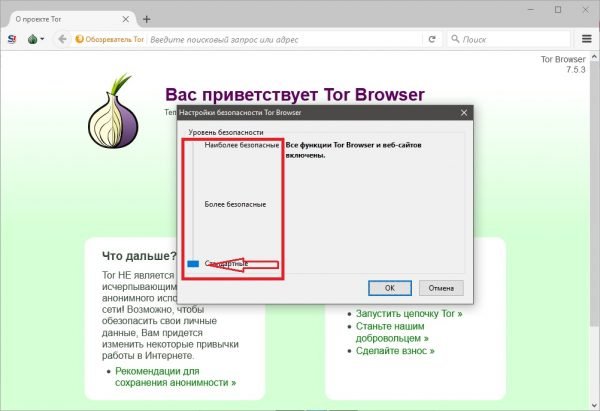 Окно «Настройки безопасности Tor Browser»