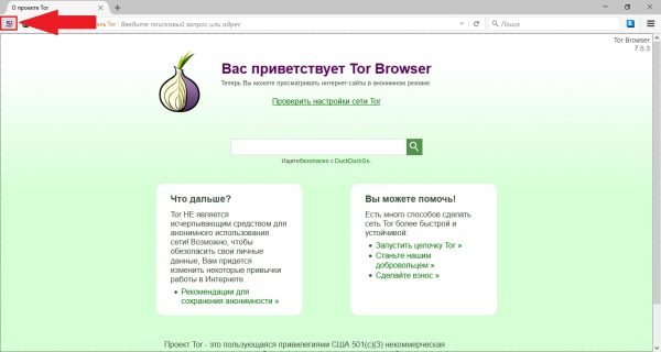 Стартовая страница Tor: кнопка NoScript