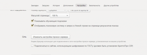 Блок «Сеть» в настройках «Яндекс.Браузера»