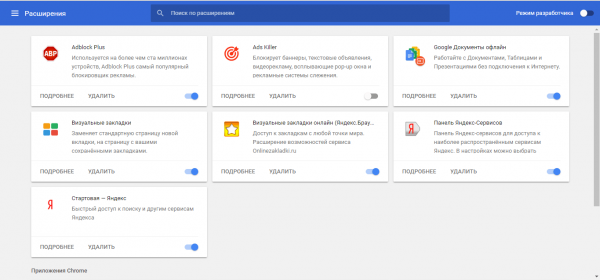 Раздел «Расширения» в Google Chrome