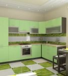 Светло-зелёная мебель и яркий пол на кухне
