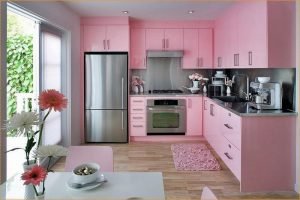 Оттенки розового цвета подходят для создания любого стиля в интерьере кухни.