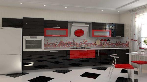 Чёрно-белая кухня с красными деталями