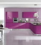 Просторная кухня-гостиная с пурпурной мебелью