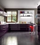 Тёмно-фиолетовая мебель и белый потолок на большйо кухне