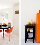 Оранжевые предметы в светлых интерьерах кухонь