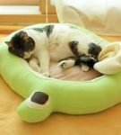 Самодельная подушка-лежанка салатового цвета в форме головы кошки с чёрно-белой тканью на округлых ушках, на изделии дремлет кошка