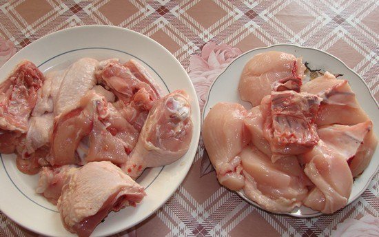 Кусочки сырой курицы на двух тарелках