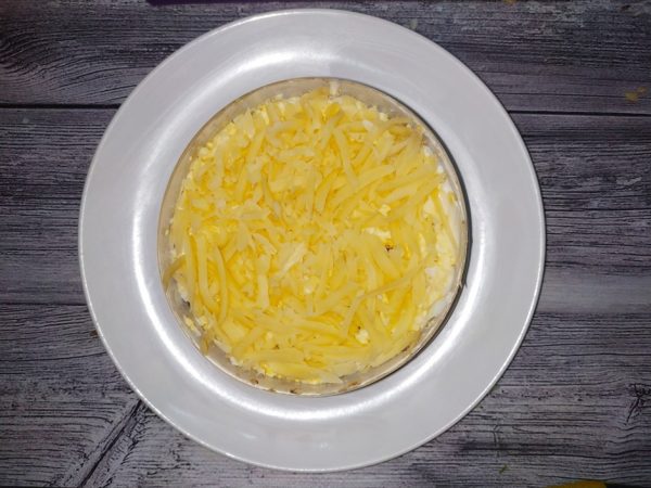 Слой тёртого твёрдого сыра в формовочном кольце со слоёным салатом