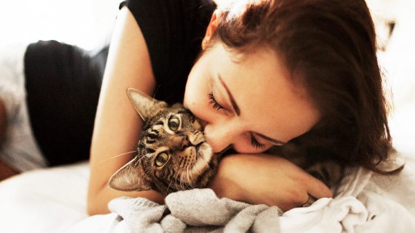 Девушка целует кота